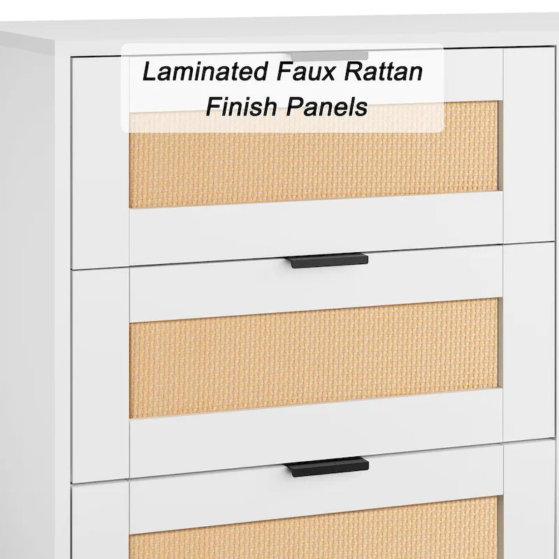 Commode à 9 tiroirs avec façades en rotin, bois composite, anti-basculement, 160 cm de long, naturel/blanc, rangement de chambre à coucher