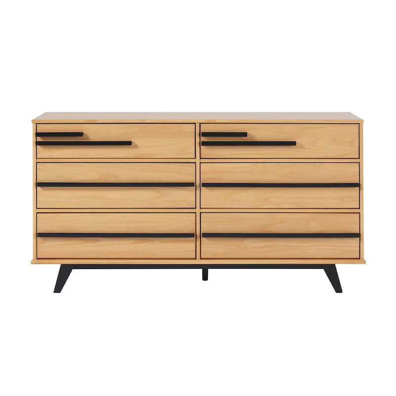 Commode à 6 tiroirs, bois de pin massif et MDF, anti-basculement, 153 cm L, 68 kg, Naturel/Marron/Noyer/Pin
