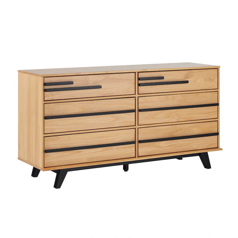Commode à 6 tiroirs, bois de pin massif et MDF, anti-basculement, 153 cm L, 68 kg, Naturel/Marron/Noyer/Pin