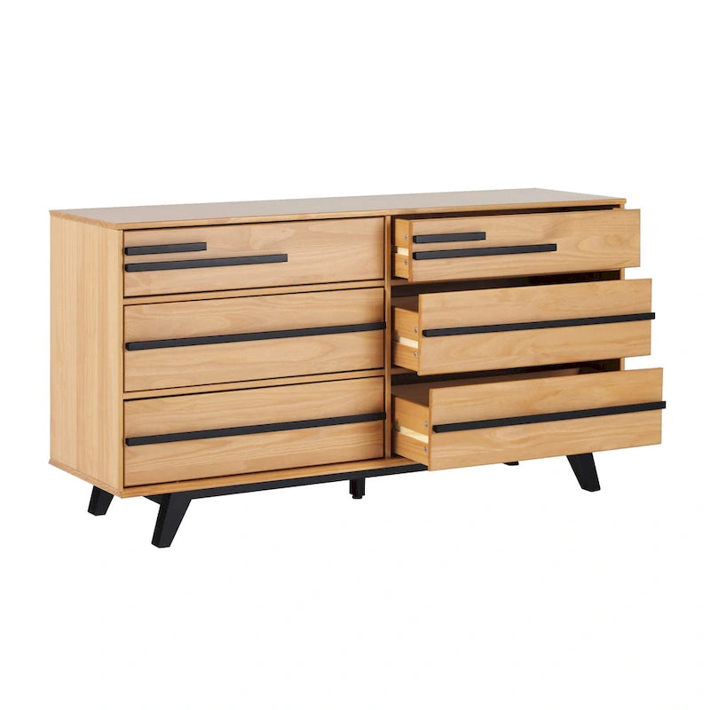 Commode à 6 tiroirs, bois de pin massif et MDF, anti-basculement, 153 cm L, 68 kg, Naturel/Marron/Noyer/Pin