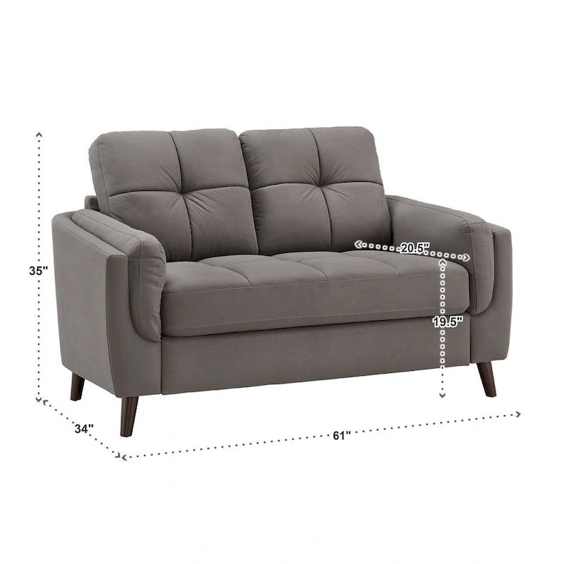 Causeuse en microfibre de 61 po, accoudoirs capitonnés, ressorts ensachés et mousse, pieds en bois espresso, style moderne, gris