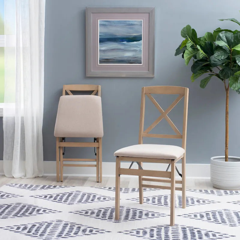 Lot de 2 chaises de salle à manger pliantes, dossier croisé, hévéa et MDF, assise rembourrée, 125 kg, finition gris délavé