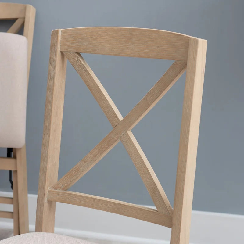Lot de 2 chaises de salle à manger pliantes, dossier croisé, hévéa et MDF, assise rembourrée, 125 kg, finition gris délavé