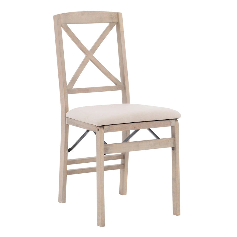 Lot de 2 chaises de salle à manger pliantes, dossier croisé, hévéa et MDF, assise rembourrée, 125 kg, finition gris délavé