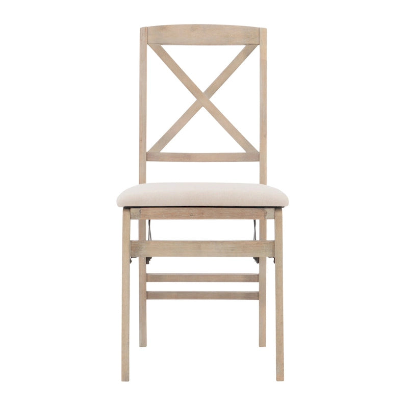 Lot de 2 chaises de salle à manger pliantes, dossier croisé, hévéa et MDF, assise rembourrée, 125 kg, finition gris délavé