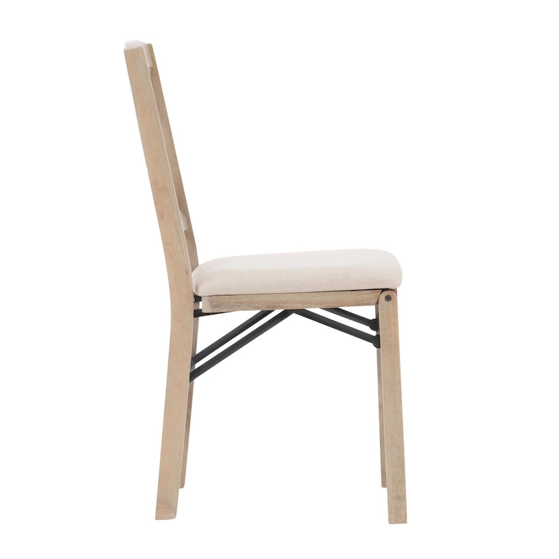Lot de 2 chaises de salle à manger pliantes, dossier croisé, hévéa et MDF, assise rembourrée, 125 kg, finition gris délavé