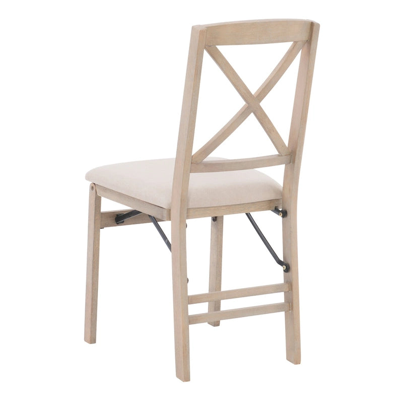 Lot de 2 chaises de salle à manger pliantes, dossier croisé, hévéa et MDF, assise rembourrée, 125 kg, finition gris délavé