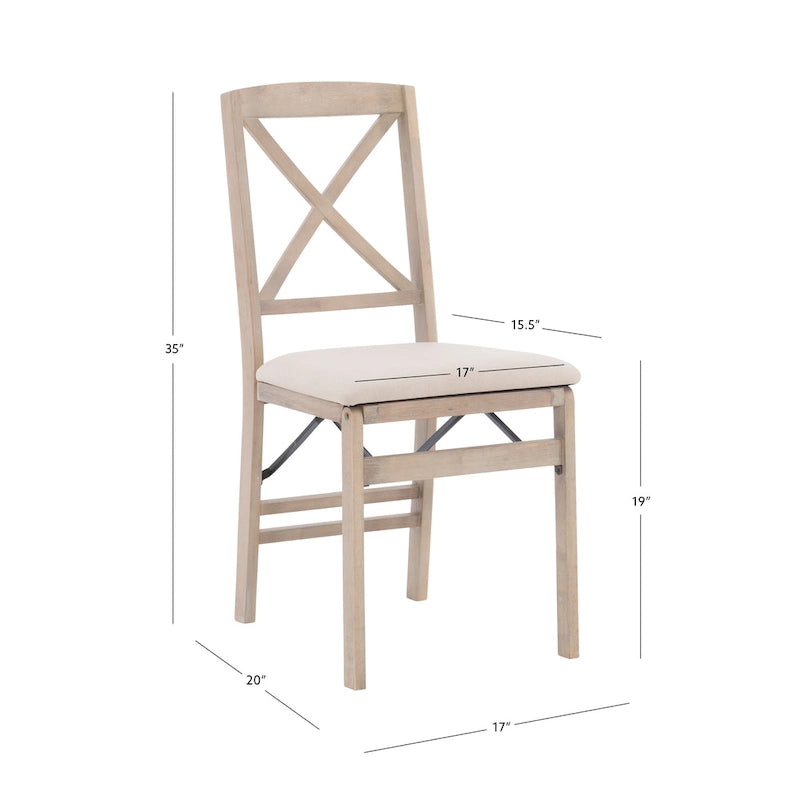 Lot de 2 chaises de salle à manger pliantes, dossier croisé, hévéa et MDF, assise rembourrée, 125 kg, finition gris délavé