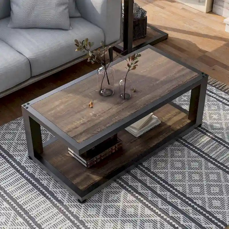 Table basse rectangulaire 47", Noyer foncé et Noir sable, 1 étagère inférieure, Acier et MDF, Rustique moderne
