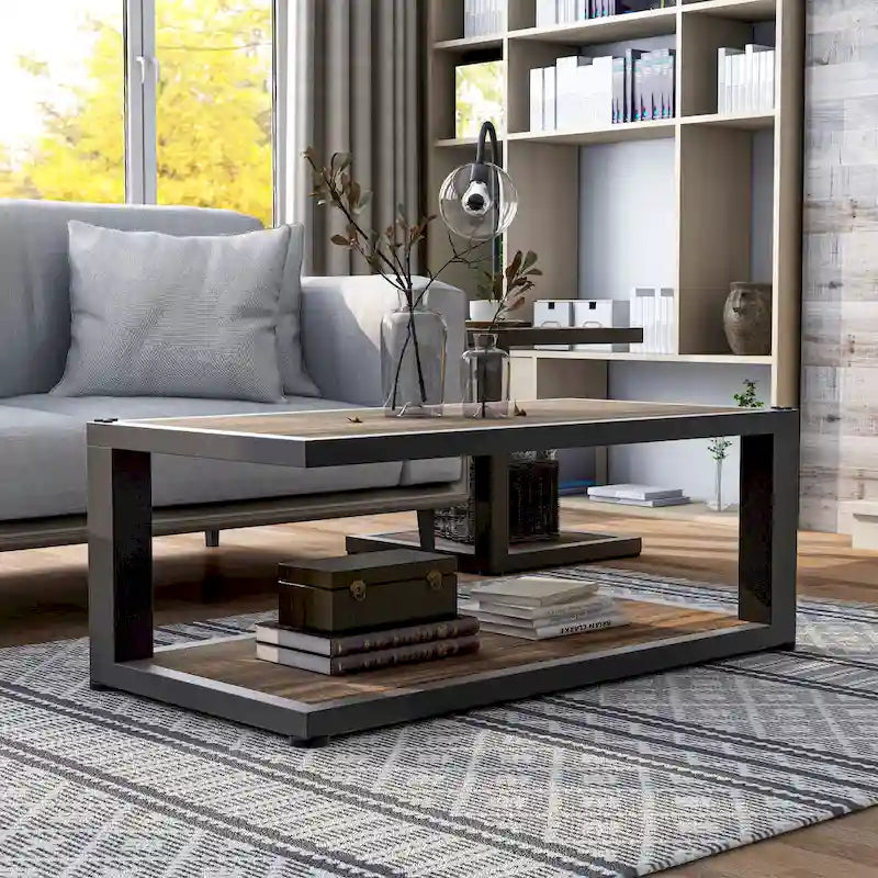 Table basse rectangulaire 47", Noyer foncé et Noir sable, 1 étagère inférieure, Acier et MDF, Rustique moderne