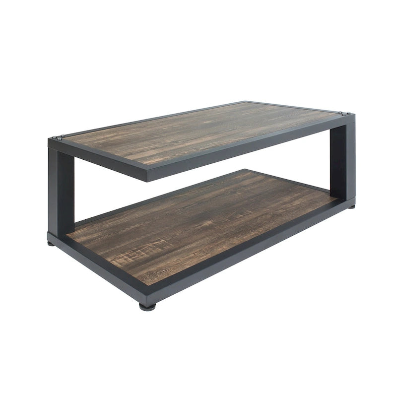 Table basse rectangulaire 47", Noyer foncé et Noir sable, 1 étagère inférieure, Acier et MDF, Rustique moderne