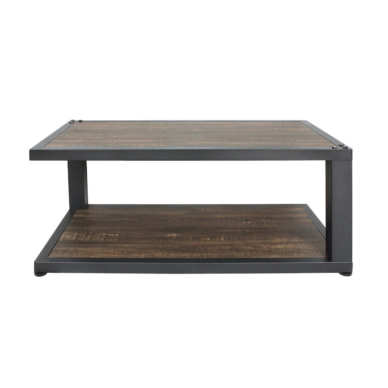 Table basse rectangulaire 47", Noyer foncé et Noir sable, 1 étagère inférieure, Acier et MDF, Rustique moderne