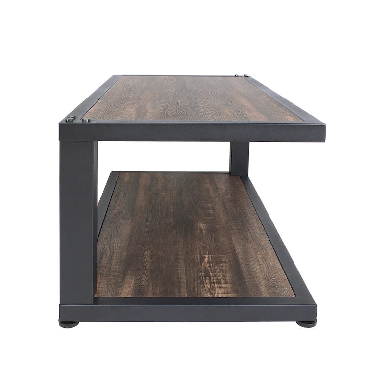 Table basse rectangulaire 47", Noyer foncé et Noir sable, 1 étagère inférieure, Acier et MDF, Rustique moderne
