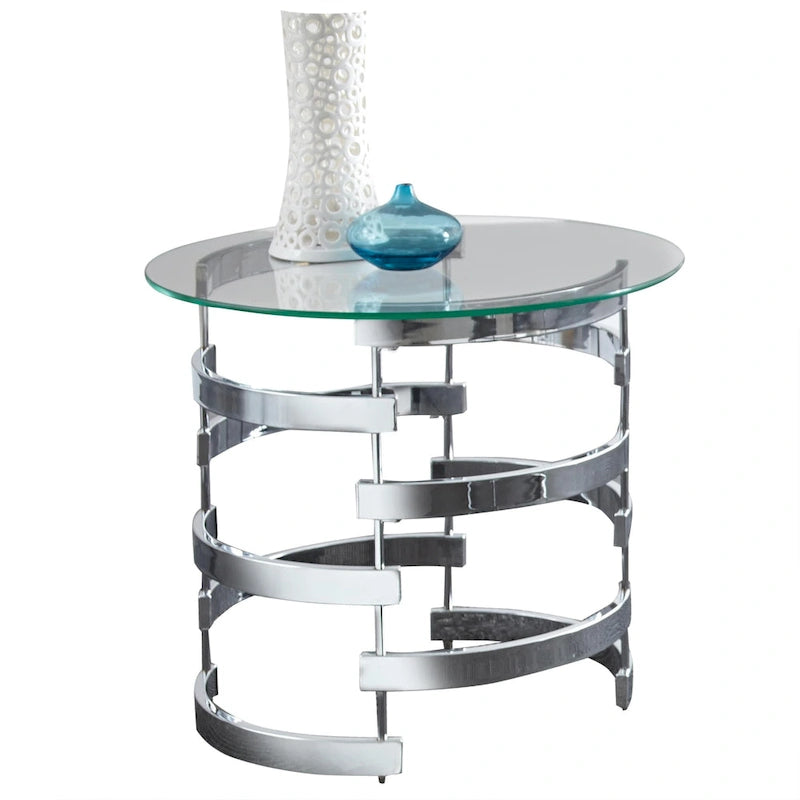 Table d'appoint ronde avec base en spirale chromée et plateau en verre trempé de 8 mm, 23" L x 25" H, style urbain moderne