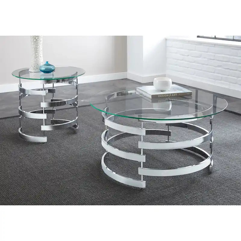 Table d'appoint ronde avec base en spirale chromée et plateau en verre trempé de 8 mm, 23" L x 25" H, style urbain moderne