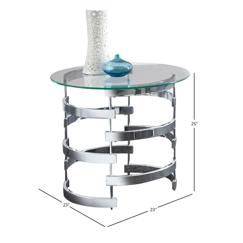 Table d'appoint ronde avec base en spirale chromée et plateau en verre trempé de 8 mm, 23" L x 25" H, style urbain moderne