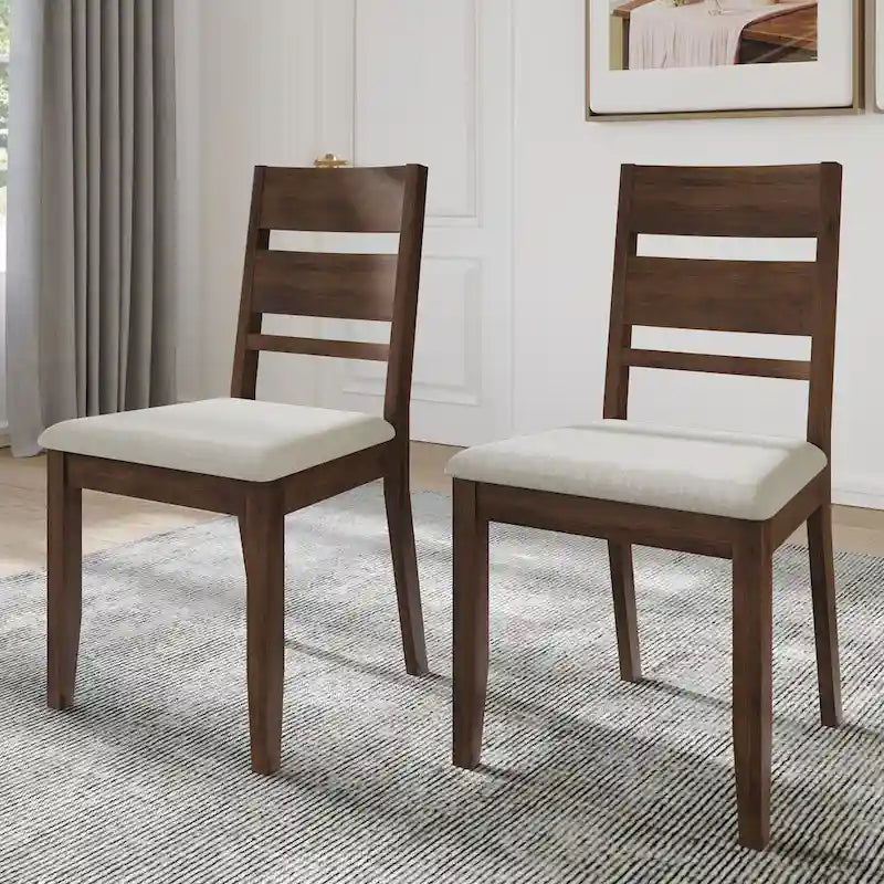Lot de 2 chaises de salle à manger en bois massif pieds fuselés tissu de lin mousse haute densité dossier à barreaux horizontaux gris marron blanc noir chêne