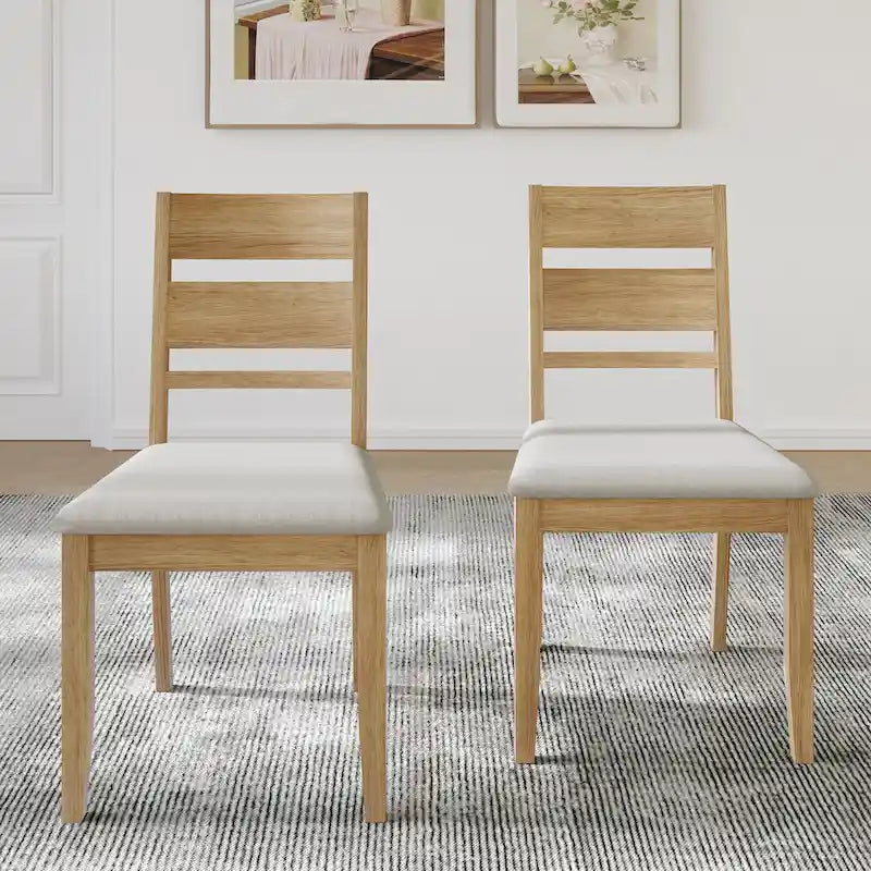Lot de 2 chaises de salle à manger en bois massif pieds fuselés tissu de lin mousse haute densité dossier à barreaux horizontaux gris marron blanc noir chêne