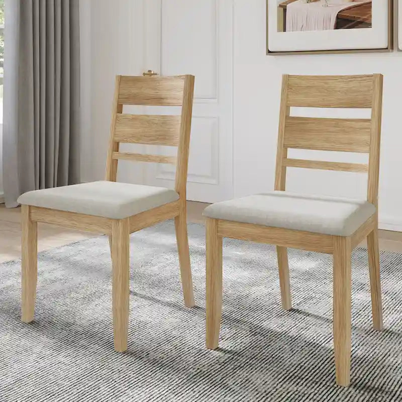 Lot de 2 chaises de salle à manger en bois massif pieds fuselés tissu de lin mousse haute densité dossier à barreaux horizontaux gris marron blanc noir chêne