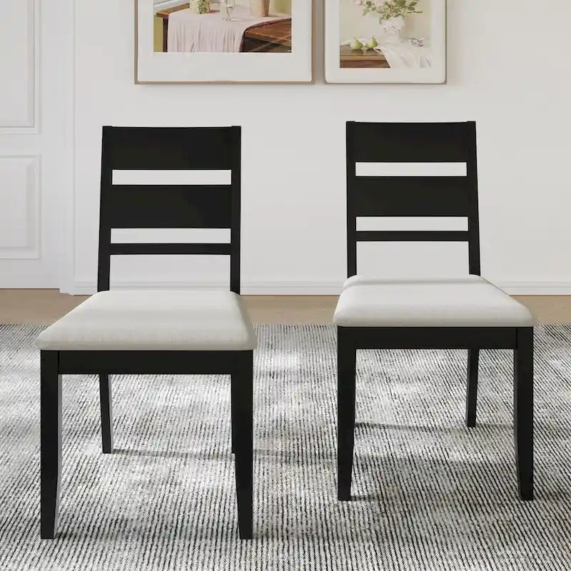 Lot de 2 chaises de salle à manger en bois massif pieds fuselés tissu de lin mousse haute densité dossier à barreaux horizontaux gris marron blanc noir chêne