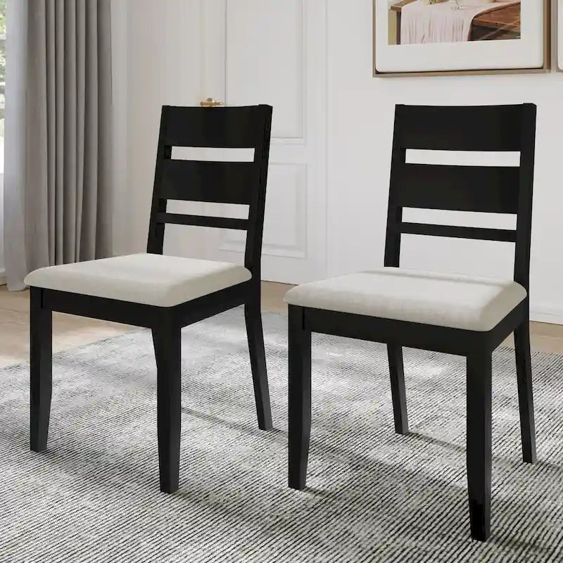 Lot de 2 chaises de salle à manger en bois massif pieds fuselés tissu de lin mousse haute densité dossier à barreaux horizontaux gris marron blanc noir chêne