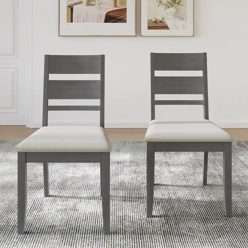 Lot de 2 chaises de salle à manger en bois massif pieds fuselés tissu de lin mousse haute densité dossier à barreaux horizontaux gris marron blanc noir chêne