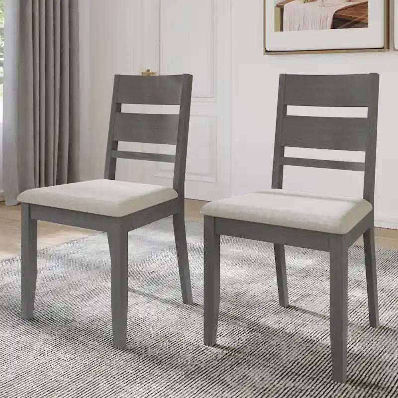 Lot de 2 chaises de salle à manger en bois massif pieds fuselés tissu de lin mousse haute densité dossier à barreaux horizontaux gris marron blanc noir chêne