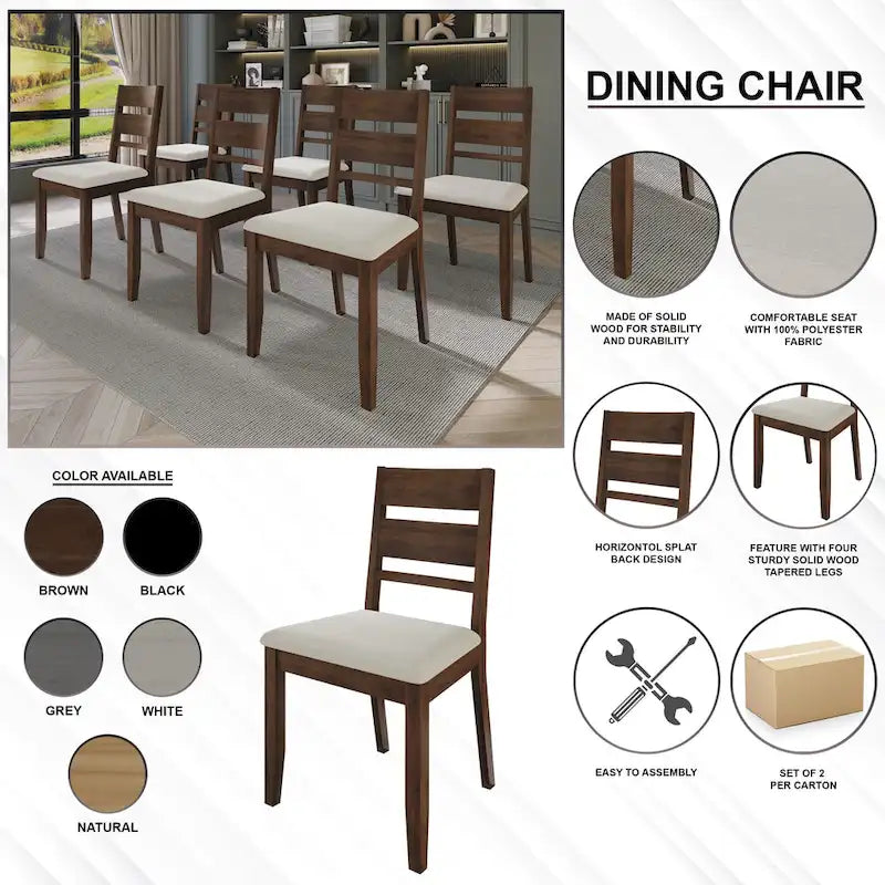 Lot de 2 chaises de salle à manger en bois massif pieds fuselés tissu de lin mousse haute densité dossier à barreaux horizontaux gris marron blanc noir chêne