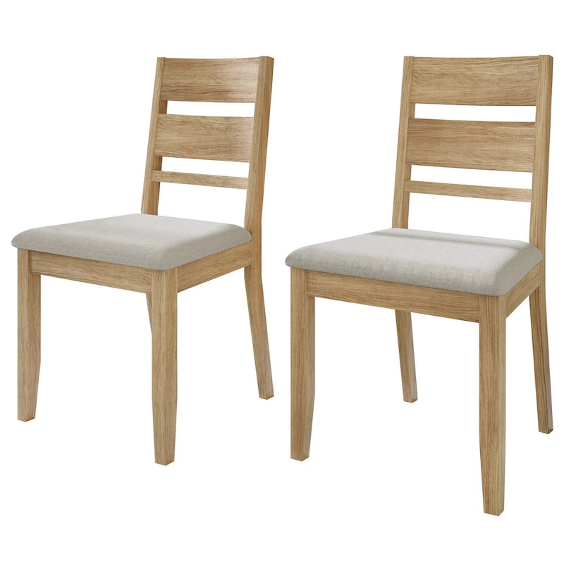 Lot de 2 chaises de salle à manger en bois massif pieds fuselés tissu de lin mousse haute densité dossier à barreaux horizontaux gris marron blanc noir chêne