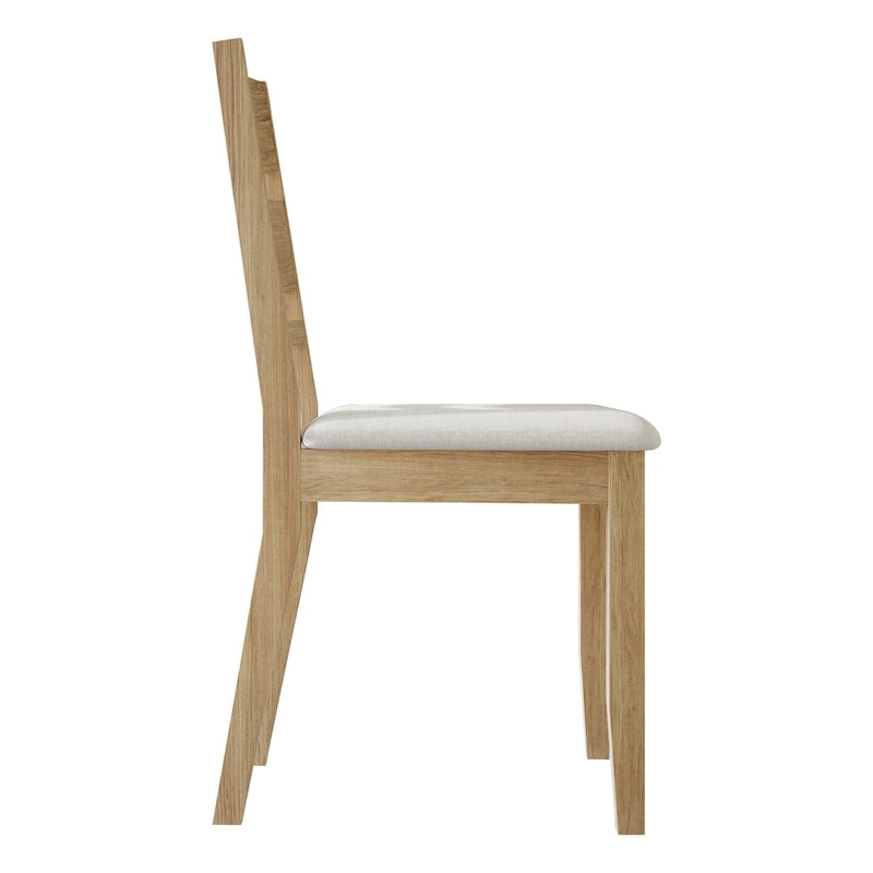 Lot de 2 chaises de salle à manger en bois massif pieds fuselés tissu de lin mousse haute densité dossier à barreaux horizontaux gris marron blanc noir chêne