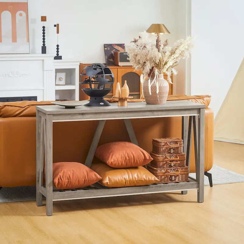Console de ferme 52 po, étagère de rangement à 2 niveaux, plateau en mélamine, fixation murale anti-basculement, capacité de 30 kg, pour entrée, gris marron