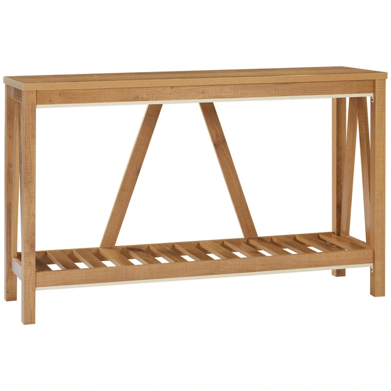 Console de ferme 52 po, étagère de rangement à 2 niveaux, plateau en mélamine, fixation murale anti-basculement, capacité de 30 kg, pour entrée, gris marron
