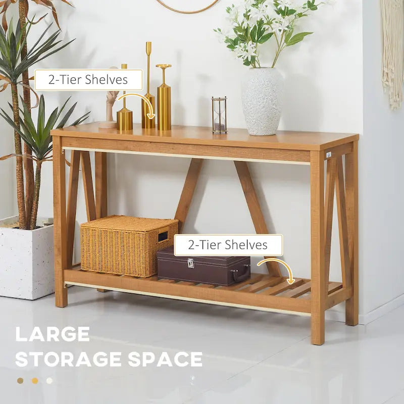 Console de ferme 52 po, étagère de rangement à 2 niveaux, plateau en mélamine, fixation murale anti-basculement, capacité de 30 kg, pour entrée, gris marron