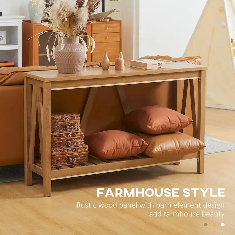 Console de ferme 52 po, étagère de rangement à 2 niveaux, plateau en mélamine, fixation murale anti-basculement, capacité de 30 kg, pour entrée, gris marron