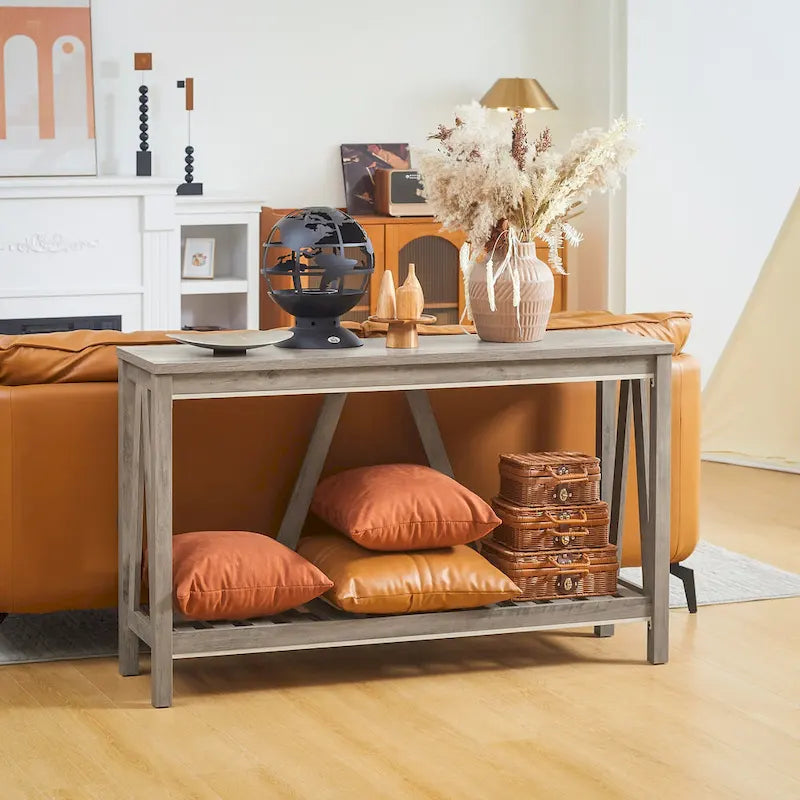 Console de ferme 52 po, étagère de rangement à 2 niveaux, plateau en mélamine, fixation murale anti-basculement, capacité de 30 kg, pour entrée, gris marron