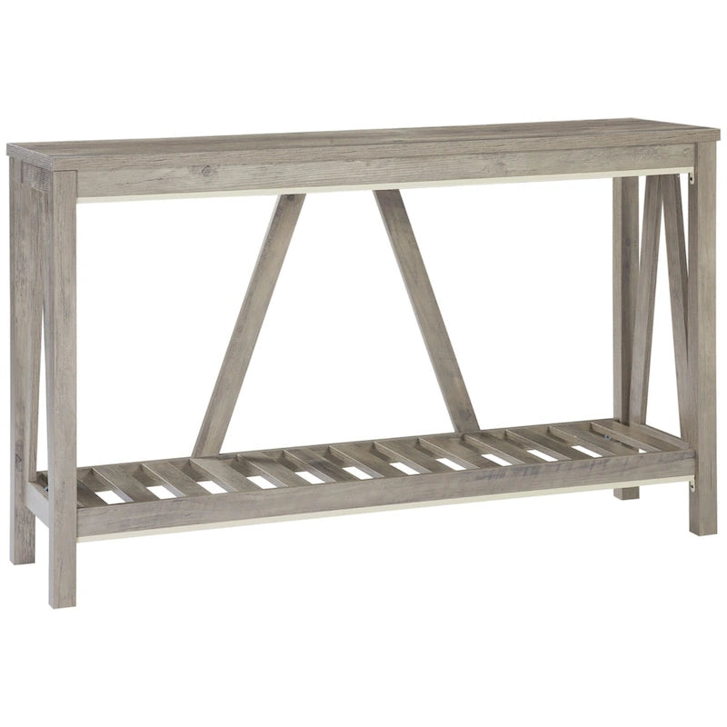 Console de ferme 52 po, étagère de rangement à 2 niveaux, plateau en mélamine, fixation murale anti-basculement, capacité de 30 kg, pour entrée, gris marron