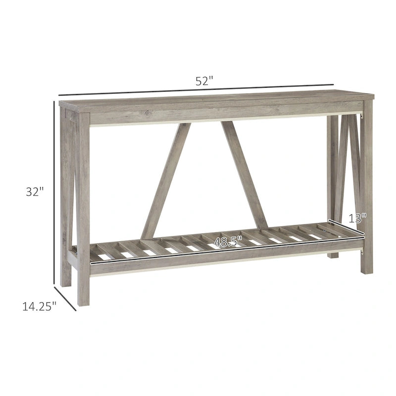 Console de ferme 52 po, étagère de rangement à 2 niveaux, plateau en mélamine, fixation murale anti-basculement, capacité de 30 kg, pour entrée, gris marron