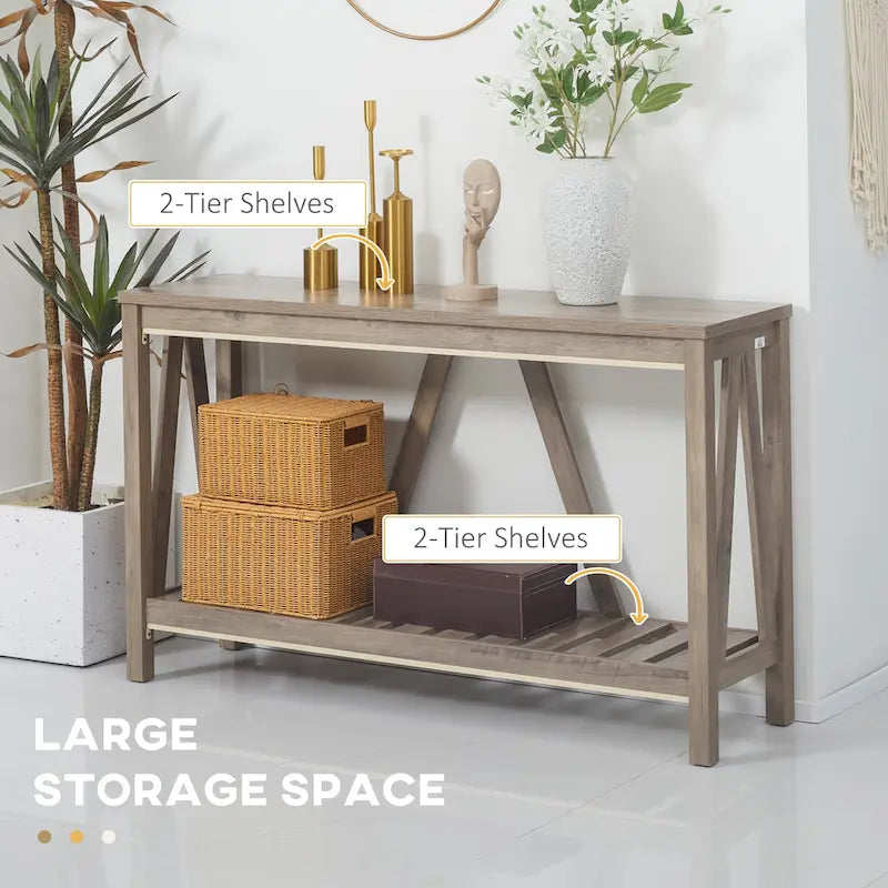 Console de ferme 52 po, étagère de rangement à 2 niveaux, plateau en mélamine, fixation murale anti-basculement, capacité de 30 kg, pour entrée, gris marron