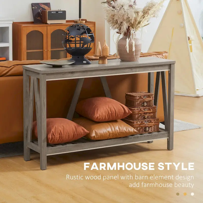 Console de ferme 52 po, étagère de rangement à 2 niveaux, plateau en mélamine, fixation murale anti-basculement, capacité de 30 kg, pour entrée, gris marron