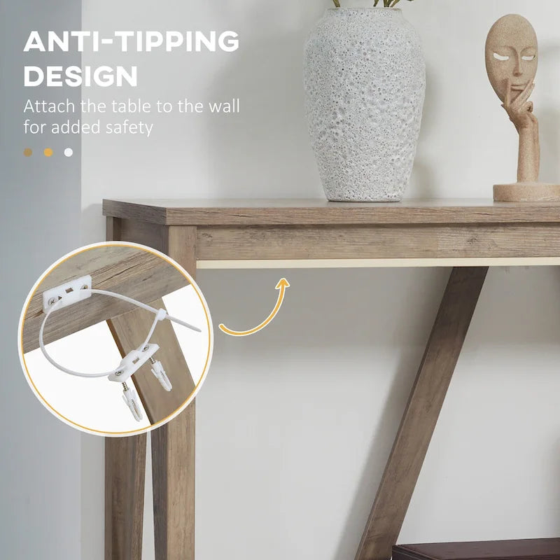 Console de ferme 52 po, étagère de rangement à 2 niveaux, plateau en mélamine, fixation murale anti-basculement, capacité de 30 kg, pour entrée, gris marron