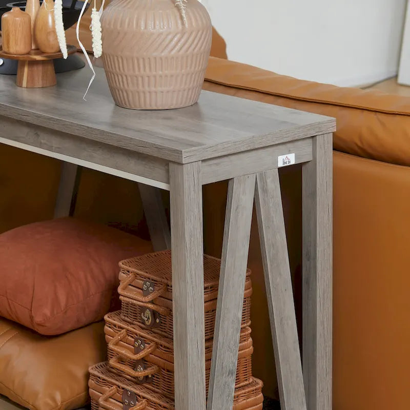 Console de ferme 52 po, étagère de rangement à 2 niveaux, plateau en mélamine, fixation murale anti-basculement, capacité de 30 kg, pour entrée, gris marron