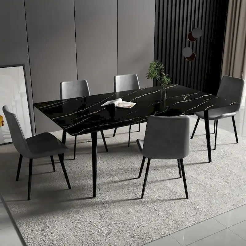 Table à manger rectangulaire 180 cm Plateau en pierre frittée effet marbre Châssis en acier carbone Capacité 360 kg 6-8 places Pieds réglables Noir Blanc