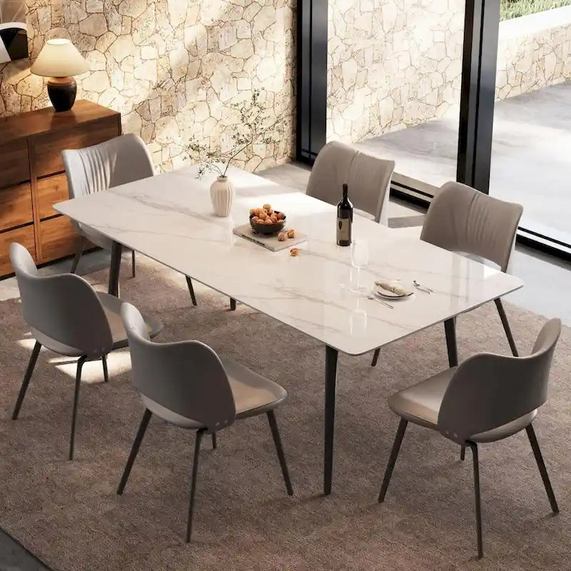 Table à manger rectangulaire 180 cm Plateau en pierre frittée effet marbre Châssis en acier carbone Capacité 360 kg 6-8 places Pieds réglables Noir Blanc