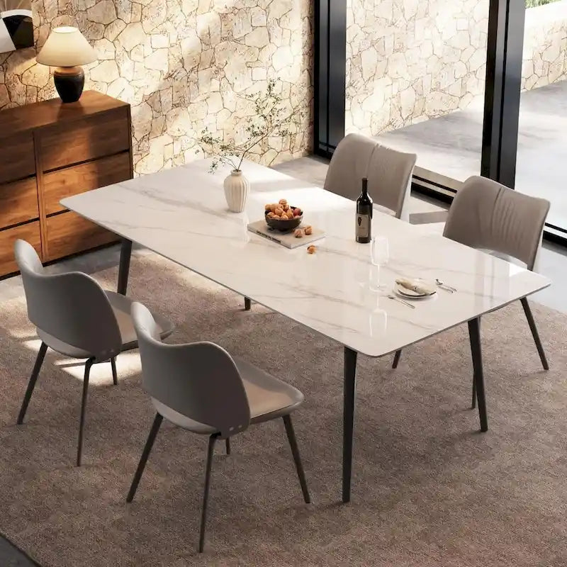 Table à manger rectangulaire 180 cm Plateau en pierre frittée effet marbre Châssis en acier carbone Capacité 360 kg 6-8 places Pieds réglables Noir Blanc