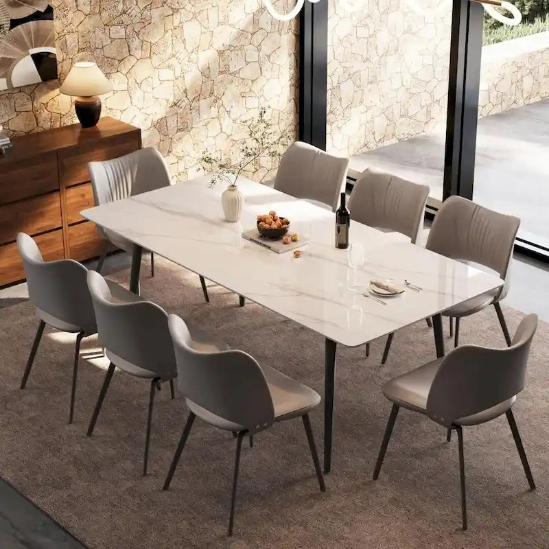 Table à manger rectangulaire 180 cm Plateau en pierre frittée effet marbre Châssis en acier carbone Capacité 360 kg 6-8 places Pieds réglables Noir Blanc