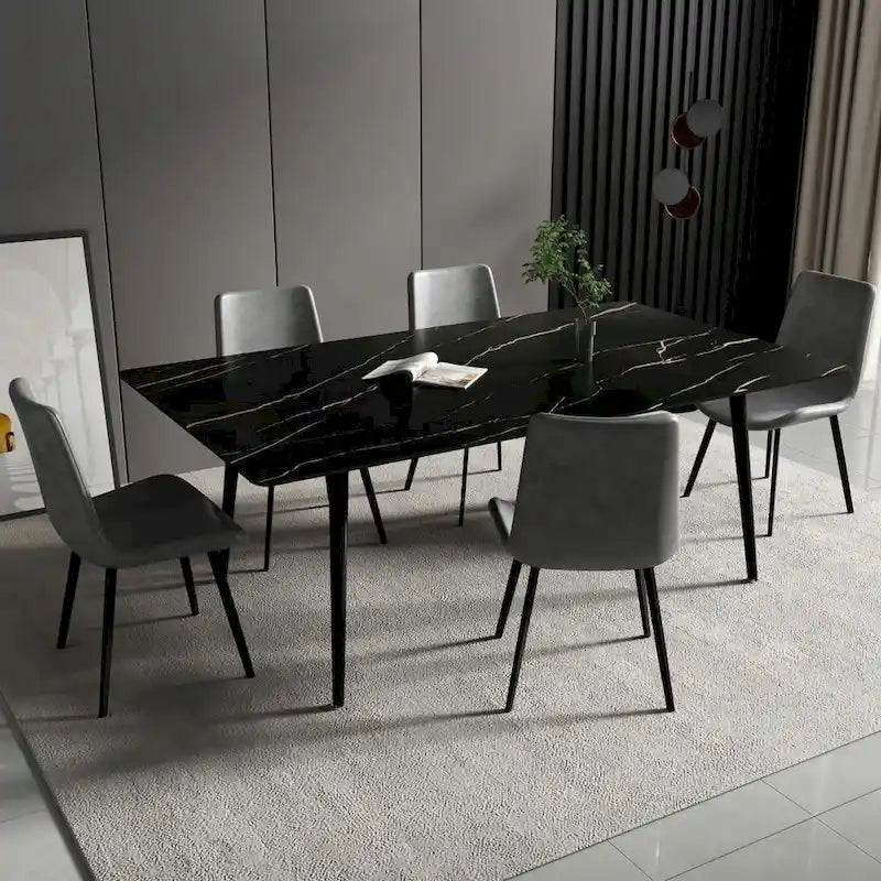 Table à manger rectangulaire 180 cm Plateau en pierre frittée effet marbre Châssis en acier carbone Capacité 360 kg 6-8 places Pieds réglables Noir Blanc