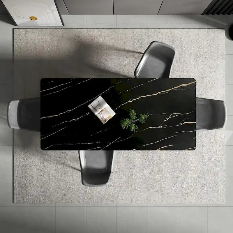 Table à manger rectangulaire 180 cm Plateau en pierre frittée effet marbre Châssis en acier carbone Capacité 360 kg 6-8 places Pieds réglables Noir Blanc