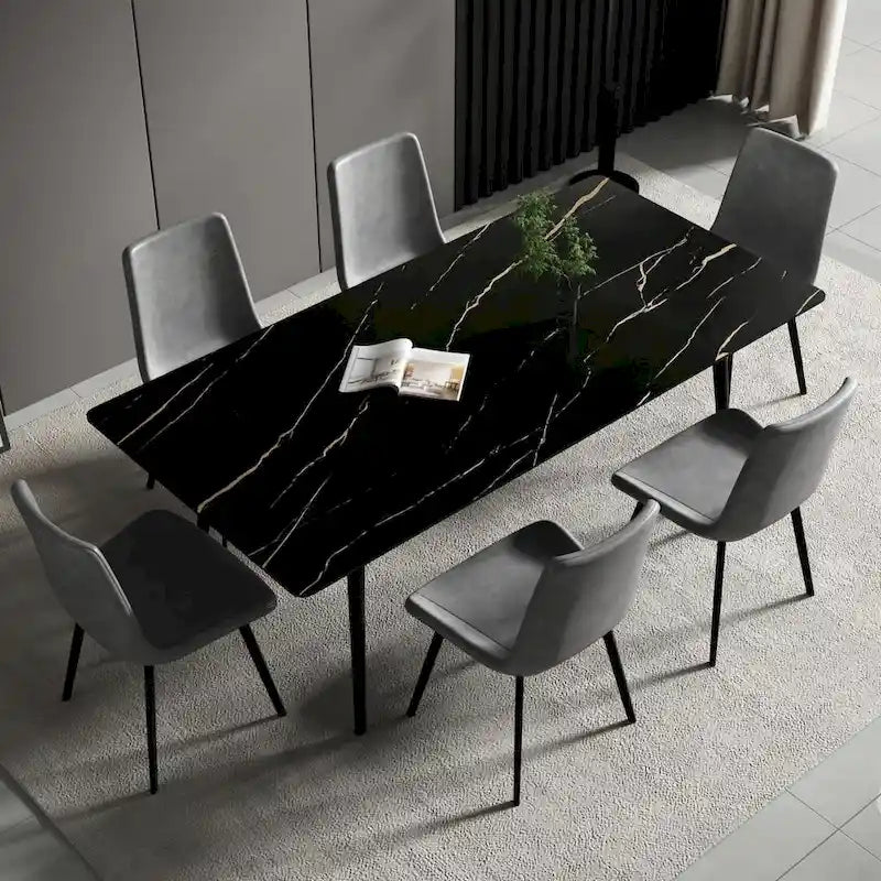 Table à manger rectangulaire 180 cm Plateau en pierre frittée effet marbre Châssis en acier carbone Capacité 360 kg 6-8 places Pieds réglables Noir Blanc