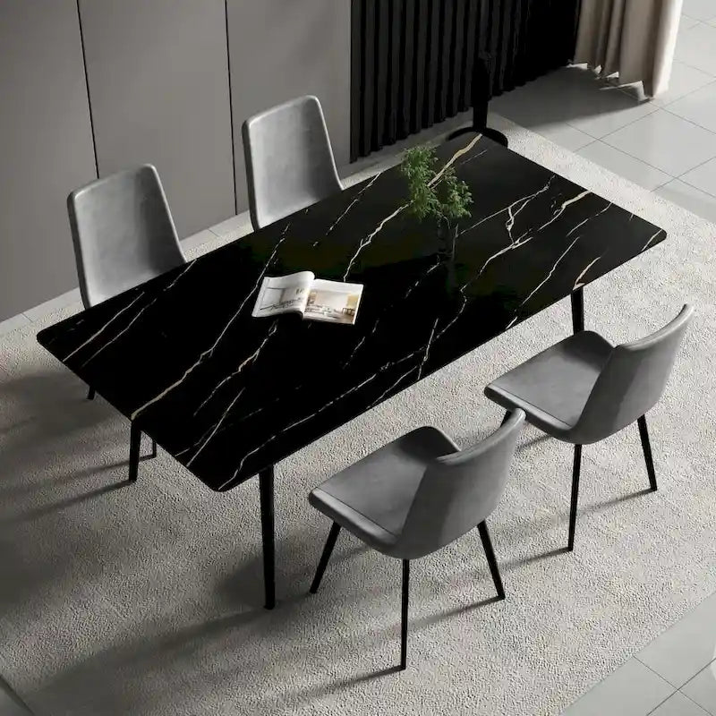 Table à manger rectangulaire 180 cm Plateau en pierre frittée effet marbre Châssis en acier carbone Capacité 360 kg 6-8 places Pieds réglables Noir Blanc