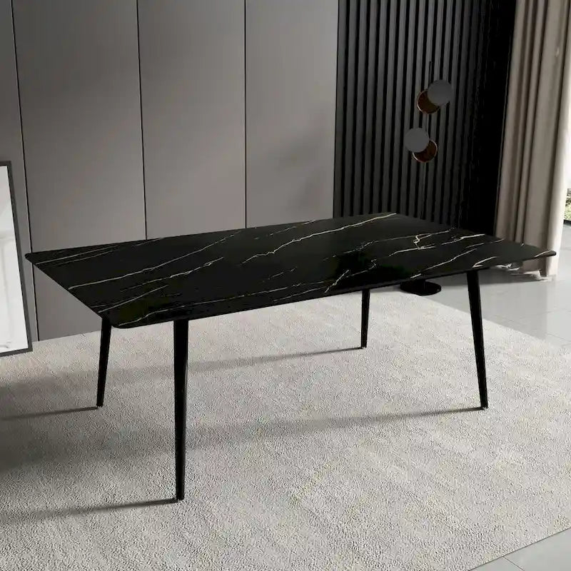 Table à manger rectangulaire 180 cm Plateau en pierre frittée effet marbre Châssis en acier carbone Capacité 360 kg 6-8 places Pieds réglables Noir Blanc